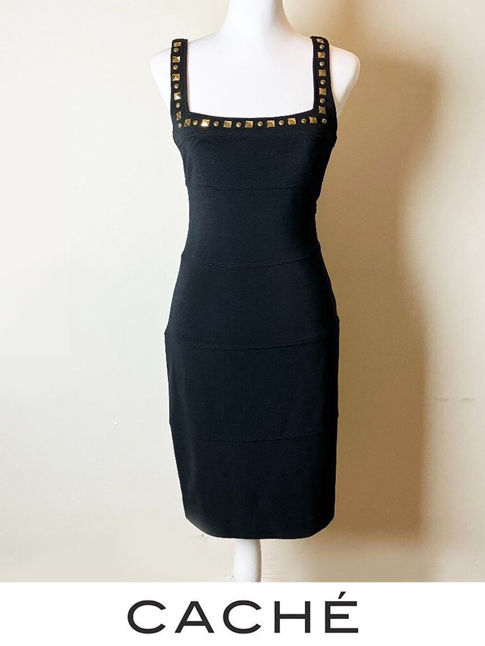 Vintage Cache Black Midi Sheath Dress with Gold/Bronze Studs | Size 4 | EUC